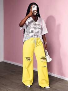 SHEIN SXY 休闲纯色破洞阔腿牛仔裤 - 黃色 - 查看 6