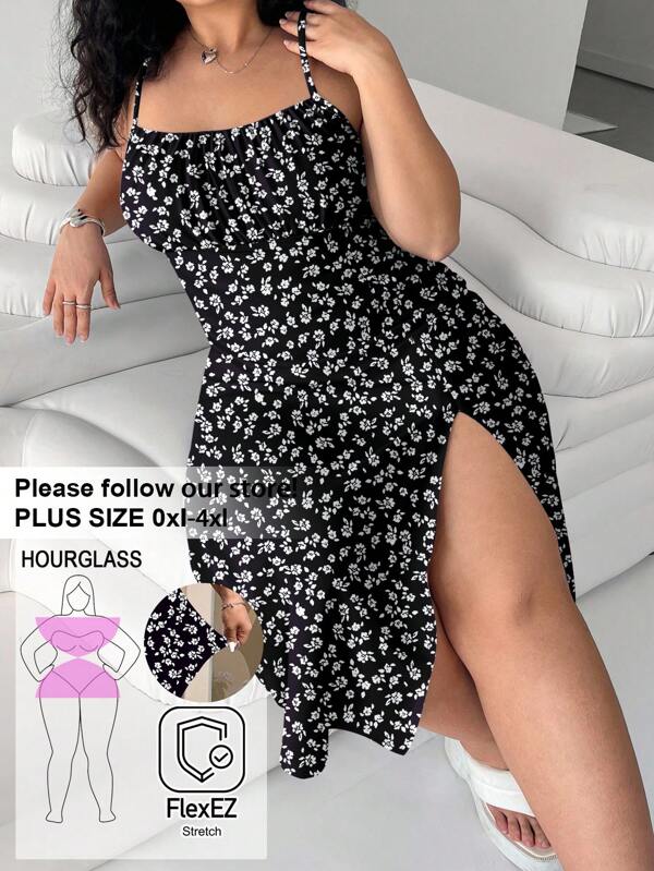 Solflare Vestido largo de mujer de talla grande con estampado floral en blanco y negro, de tirantes finos, para playa, estilo bohemio, atuendo primaveral, vestido largo para fiesta de vacaciones, vestido hawaiano, vestido casual de mujer, vestido largo casual con espalda abierta y bajo con abertura estampada