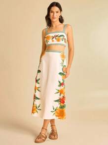 CAJUNI 女式杏色热带花卉印花短款露背系带上衣和梭织印花迷你裙两件套，适合夏季度假、约会、派对、海滩 - 彩色 - 查看 1