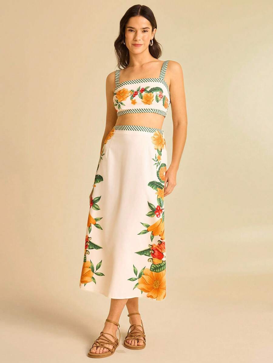 CAJUNI 女式杏色热带花卉印花短款露背系带上衣和梭织印花迷你裙两件套，适合夏季度假、约会、派对、海滩 - 彩色 - 查看 1