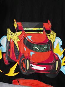 Batwheels X SHEIN Tween Boy Casual Street Cartoon Race Car Print Short Sleeve T-Shirt And Elastic Waist Loose Shorts Set, Summer Boy Casual Sets Boys Summer Sets Car Graphic Tee And Shorts Set Boys Car Print Outfit