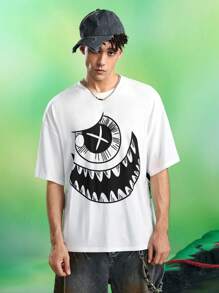 MADBALLS X SHEIN 男士休闲街头卡通字母印花落肩宽松白色T恤，夏季 - 白色 - 查看 2