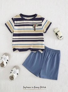 Cozy Pixies 2 pièces Ensemble Top à manches courtes col rond doux tricoté rayé coloré et short à taille élastique pour bébé garçon