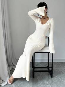 SHEIN Tall 女式深V领喇叭袖3D花卉针织连衣裙，复古斯德哥尔摩风格，优雅百搭，适合音乐会、节日、教师节 - 杏色 - 查看 6