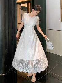 DAZY Elegant Lace Round Neck Puff Sleeve Midi Dress For Women - White - View 7