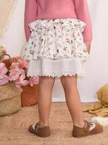 Blossori Falda midi holgada de cintura elástica con estampado floral pequeño en rosa suave, para niñas, primavera/verano - Multicolor - Ver 2