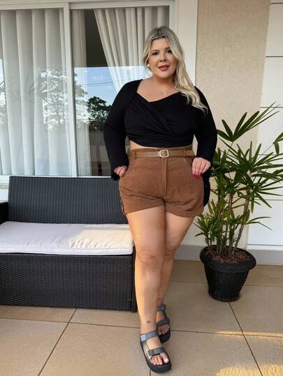magalhaesca Vintage Brown Plus Size Shorts With Belt, For Winter