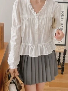 DAZY 花卉蕾丝拼接V领荷叶边长袖度假衬衫 - 白色 - 查看 4