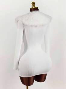 Amplova 女式纯色人造毛皮拼布高领长袖修身迷你连衣裙 - 白色 - 查看 5