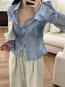 DAZY 女士时尚条纹半透明长袖上衣 - 藍色 - 查看 7