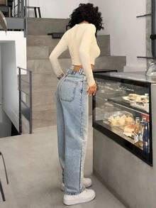 EURMUSE 女式中腰口袋阔腿宽松休闲百搭牛仔裤 - 中等水洗藍 - 查看 5