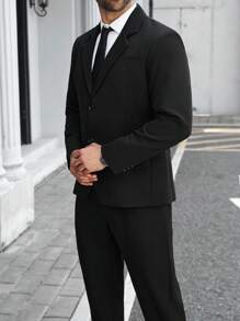 Manfinity Mode Plus Size Men's Solid Color Lapel NeckLong Sleeve Jacket And Pants Casual Suit Set - Black - View 3