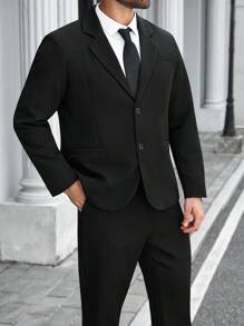 Manfinity Mode Plus Size Men's Solid Color Lapel NeckLong Sleeve Jacket And Pants Casual Suit Set - Black - View 6