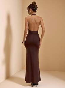 SHEIN BAE Robe longue dos-nu à col montant pour femmes, couleur unie sexy