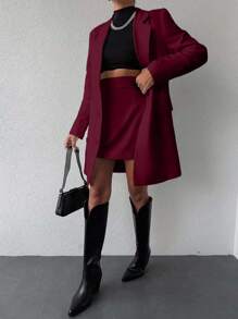EURMUSE Women's Fashion Commuter Solid Color Jacket & Skirt Suit Set - Burgundy - View 3