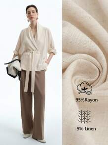 Aalyst 女士法式优雅时尚休闲宽松亚麻混纺衬衫裙配腰带，轻盈舒适，适合工作、度假、春秋冬 - 杏色 - 查看 2