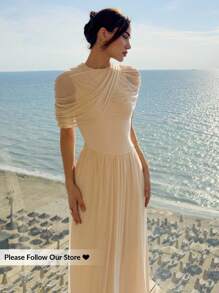 Aloruh 女式飘逸雪纺 A 字形荷叶边低胸连衣裙，杏色，春夏