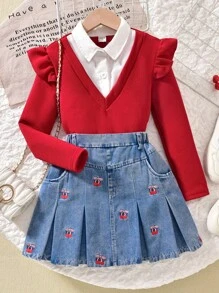 Sparklyn Tween Girl 2 In 1 Ruffle Trim Shirt And Cherry Embroidered Denim Pleated Skirt Set Fall Winter