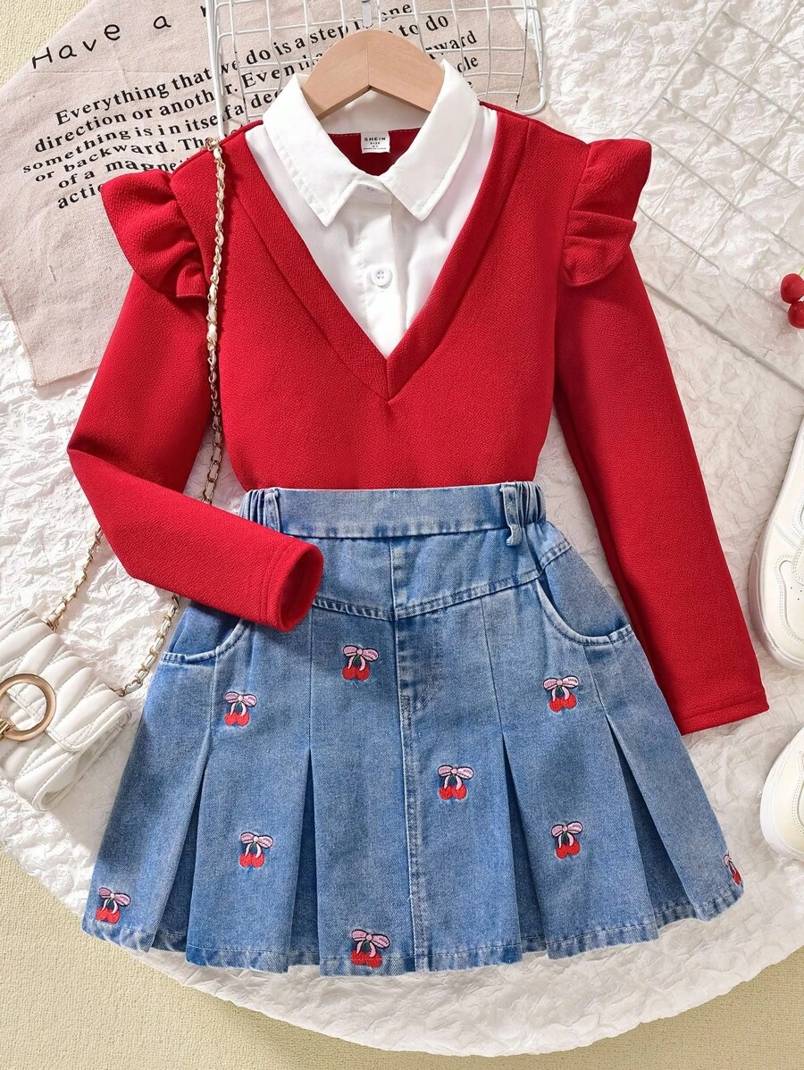 Sparklyn Tween Girl 2 In 1 Ruffle Trim Shirt And Cherry Embroidered Denim Pleated Skirt Set Fall Winter