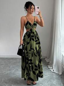 Elenzga 女装夏季新款吊带收腰花卉印花连衣裙（不对称花卉图案） - 軍綠色 - 查看 6