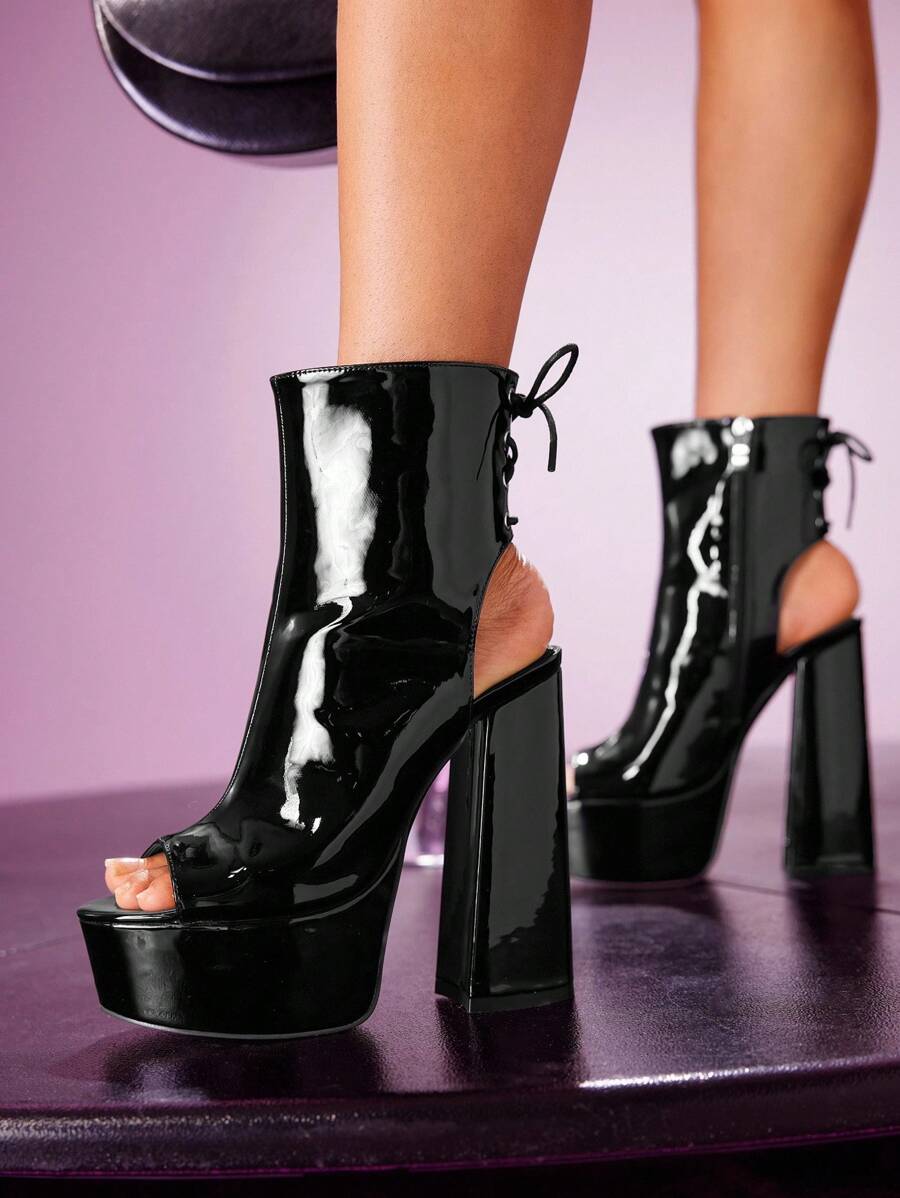 CUCCOO LuxiPop 女士圆头粗跟系带踝靴和短靴，露趾，夜店风格，适合万圣节、圣诞节、新年派对，厚底鞋