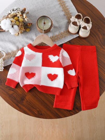 Baby Girls Heart Contrast Color Jacquard Lantern Sleeve Sweater Top And Flare Pants 2 Pieces Outfit, Fall Winter