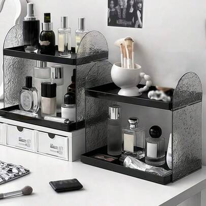 1 件亚克力化妆品收纳盒，双层增高化妆品展示架，用于护肤品、香水、口红、办公桌收纳盒、宿舍收纳、假日海滩、浴室收纳、卧室收纳的梳妆台托盘，大容量