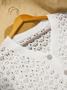 INAWLY Áo len cardigan mỏng dệt rỗng một hàng khuy đơn tay dài màu trơn dành cho nữ - trắng - Xem 4