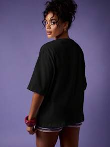 MISSGUIDED 超大号海星T恤，带闪光装饰，夏季海滩度假休闲周末舒适穿着 - 黑色 - 查看 2