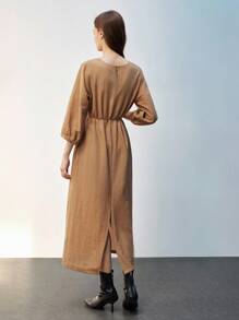 Maija Đầm dài tay lửng cổ chữ U màu nâu thoải mái cho nữ, đơn giản, thời trang, phù hợp mặc hàng ngày, đi làm, có thắt lưng, thích hợp cho mùa hè và mùa thu - Màu vàng - Xem 8