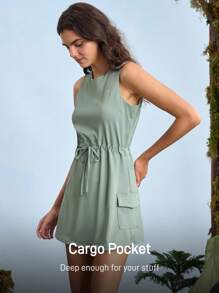 In My Nature 女士休闲纯色抽绳腰户外夏季连衣裙 - 綠色 - 查看 4