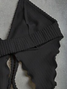Flirla 杏色条纹纹理荷叶边扭纹面料 V 领露背吊带不对称下摆短款上衣和低腰直筒修身迷你裙两件套，性感度假海滩优雅休闲日常女装，夏季 - 黑色 - 查看 6