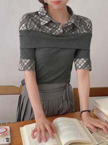 DAZY Chemise à manches courtes style de rue ajustée, épaules dénudées, couleurs contrastées à carreaux pour femmes, printemps/été/automne - Gris - Voir 11