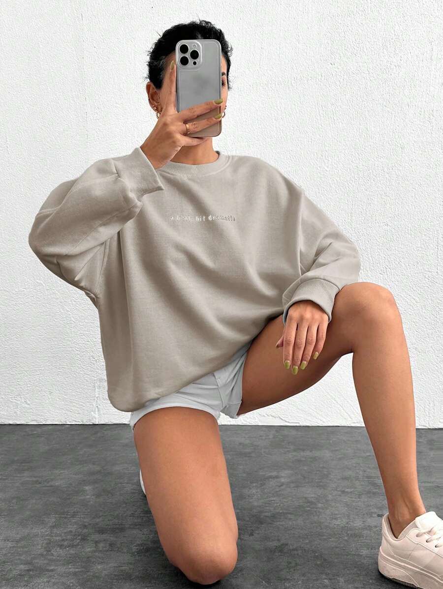 Cottnline 100% Cotton Women's Loose Fit Letter Print Sweatshirt - Camel - View 1
