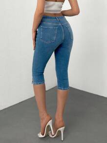 EURMUSE High Waist Slant Pocket Comfort Slim Capri Jeans - Light Wash - View 2