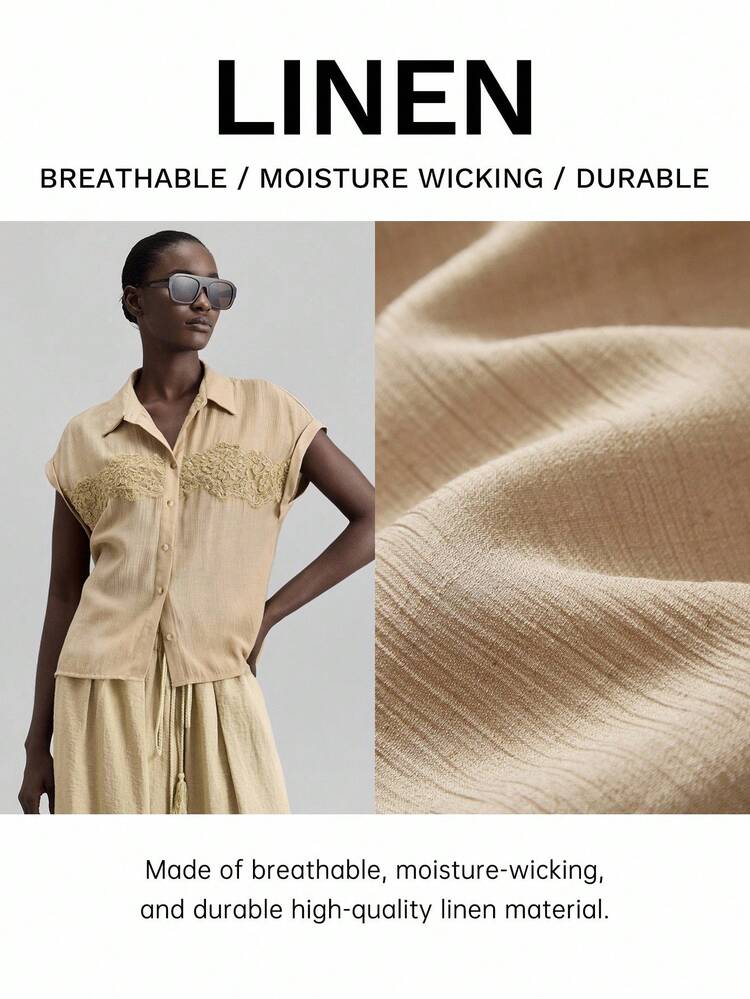 Women's Khaki Summer Boho Elegant Unique Vacation Embroidery Patchwork Blouse,Vintage 2000s Single Breasted Short Sleeve Office Business Casual Top