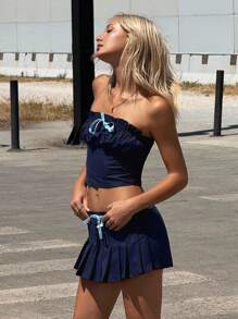 SHEIN ICON 2 件套女士海军蓝外出蝴蝶结装饰褶饰短款抹胸上衣和低腰迷你裙套装