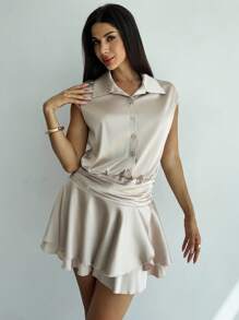 Firerie Women's Champagne Shirt Collar Ruffle Trim Mini Dress, Romantic Elegant Dress, Spring/Summer Clothing, Commute, Elegant, Romantic, Date, Music Festival, Work Attire