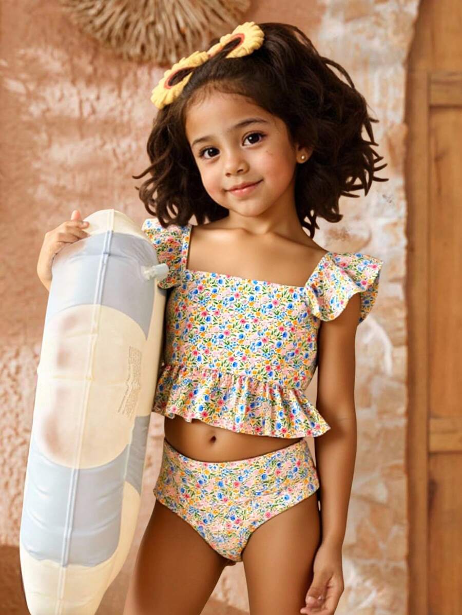 SHEIN 青少年女孩可爱休闲碎花针织泳衣套装，适合春夏季、度假、海滩