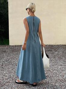 Livesso 女士休闲水洗无袖长款牛仔连衣裙