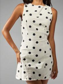 MISSGUIDED Sleeveless Polka Dot Denim Mini Dress With Tie Back Waist Detail Summer A-Line Casual Daytime Fashion Side Seam Pockets Retro Style - White - View 5