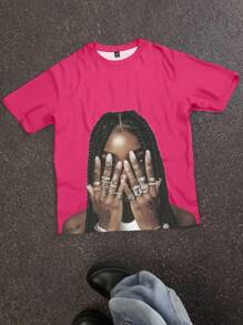 Slaydiva 休闲图案圆领宽松短袖T恤，适合夏季 - 玫紅色 - 查看 3