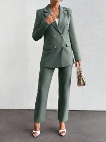 EURMUSE Bộ vest thanh lịch cổ ve áo màu trơn tay dài hai hàng khuy cho nữ - Màu xanh Bạc hà - Xem 3