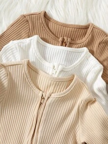 3pcs/Set Newborn Baby Boy Minimalist Comfortable Long Sleeve Round Neck Zipper Front Soft Knit Jumpsuit Fall Winter - Multicolor - View 8