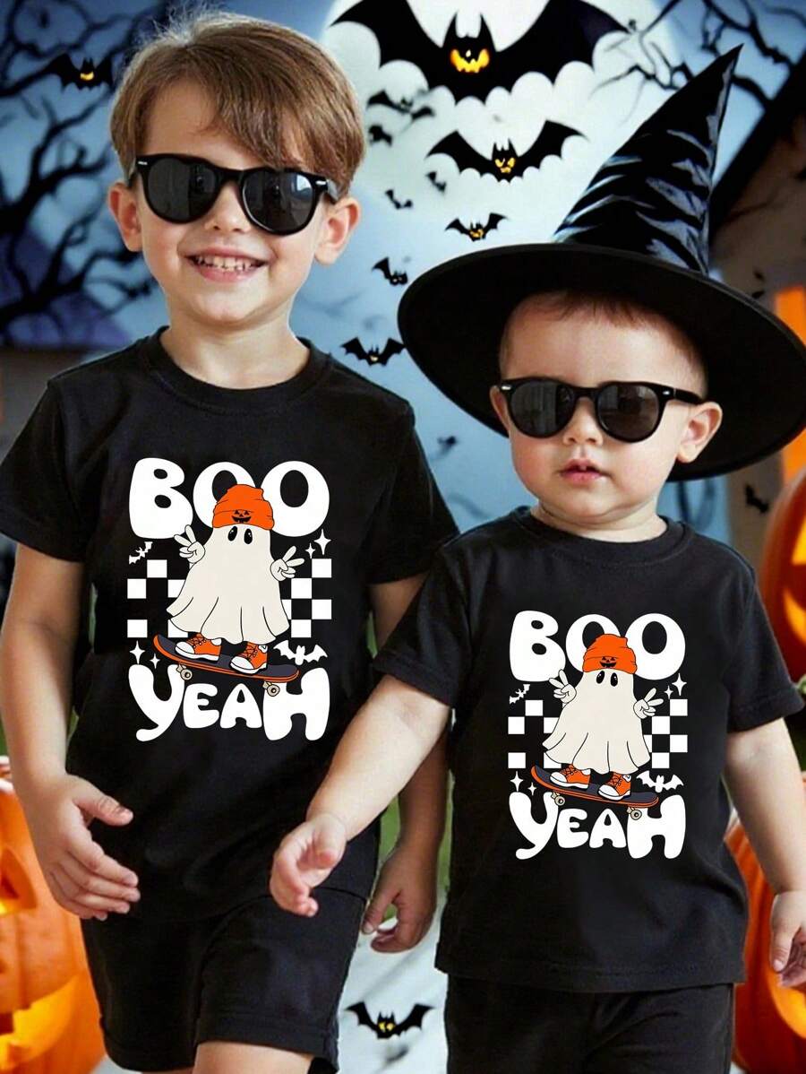 SHEIN Boys Halloween T-Shirt In Black With Boo Yeah Print And Short Sleeves Kids Halloween Shirts Boys Halloween Shirt Boo Yeah Shirt Ghost Skateboard Shirt Custom Halloween Shirt Kids - Black - View 1