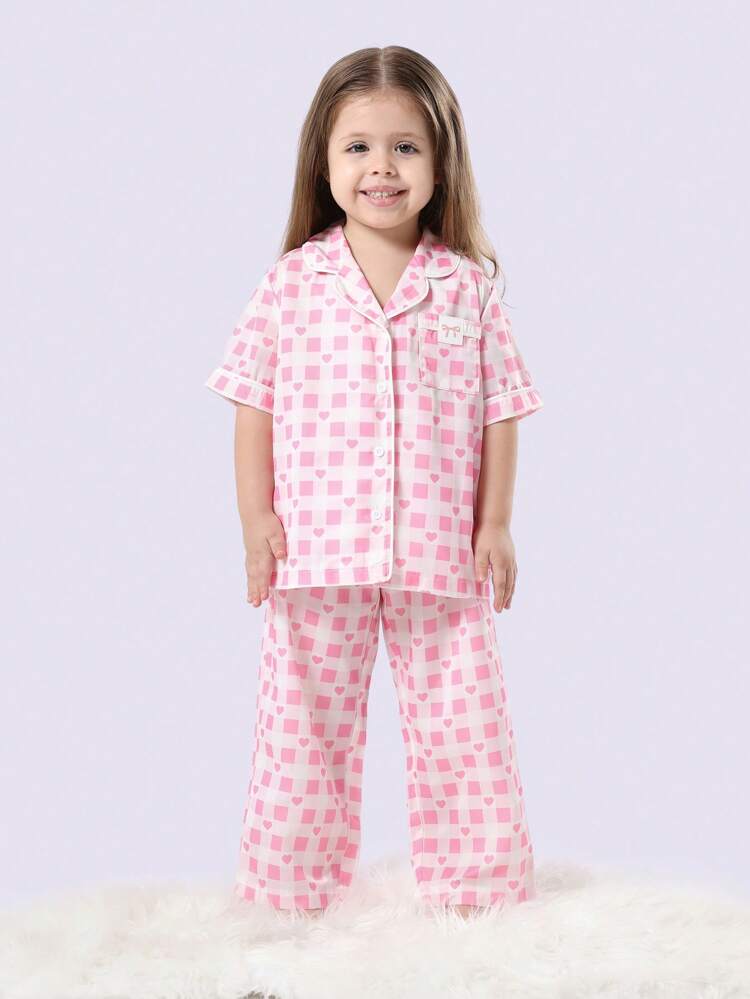 Heart Print Collared Pajama Set With Button Front