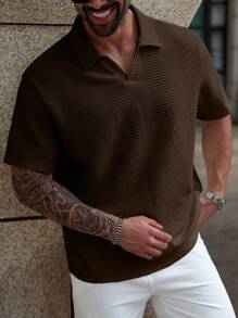 Manfinity Homme Kemeja Polo Lengan Pendek Polos Kasual Pria Ukuran Besar, Musim Panas - Coffee Brown - View 2