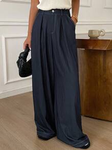 DAZY Pantalones anchos y sueltos con bolsillos y rayas de colores contrastantes, pantalones casuales para mujer, pantalones de vestir para mujer en primavera/otoño - Azul - Ver 4
