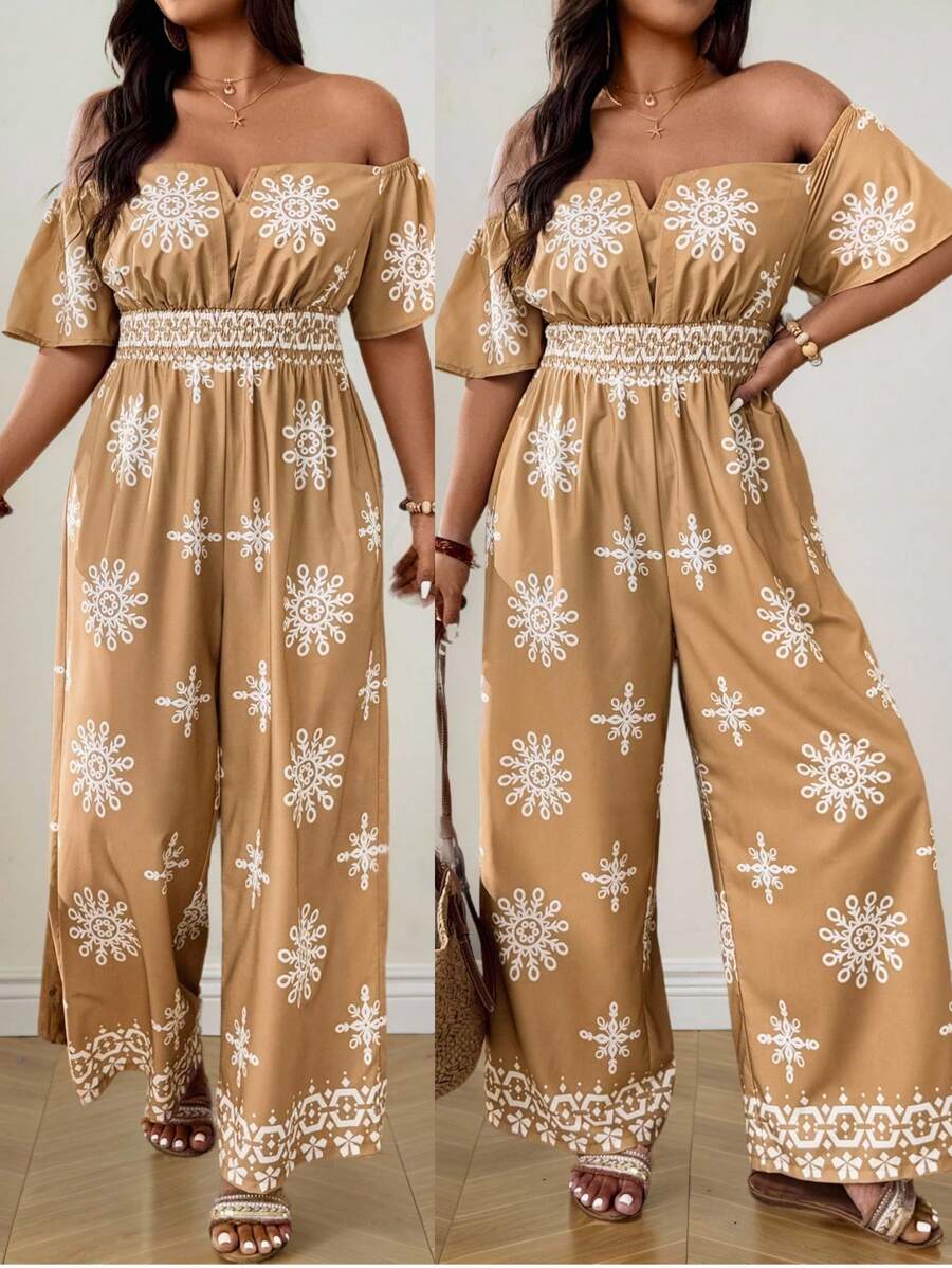 SHEIN LUNE Bộ đồ liền thân tay ngắn hở vai in họa tiết cỡ lớn có dây rút ở eo, mặc ngoài trời thường ngày - Nhiều màu - Xem 1