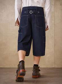 Manfinity Homme Men's Casual Loose Fit Multi-Pocket Wrinkle-Resistant Durable Dark Blue Denim Shorts, Streetwear Style, Spring/Summer - Dark Wash - View 2